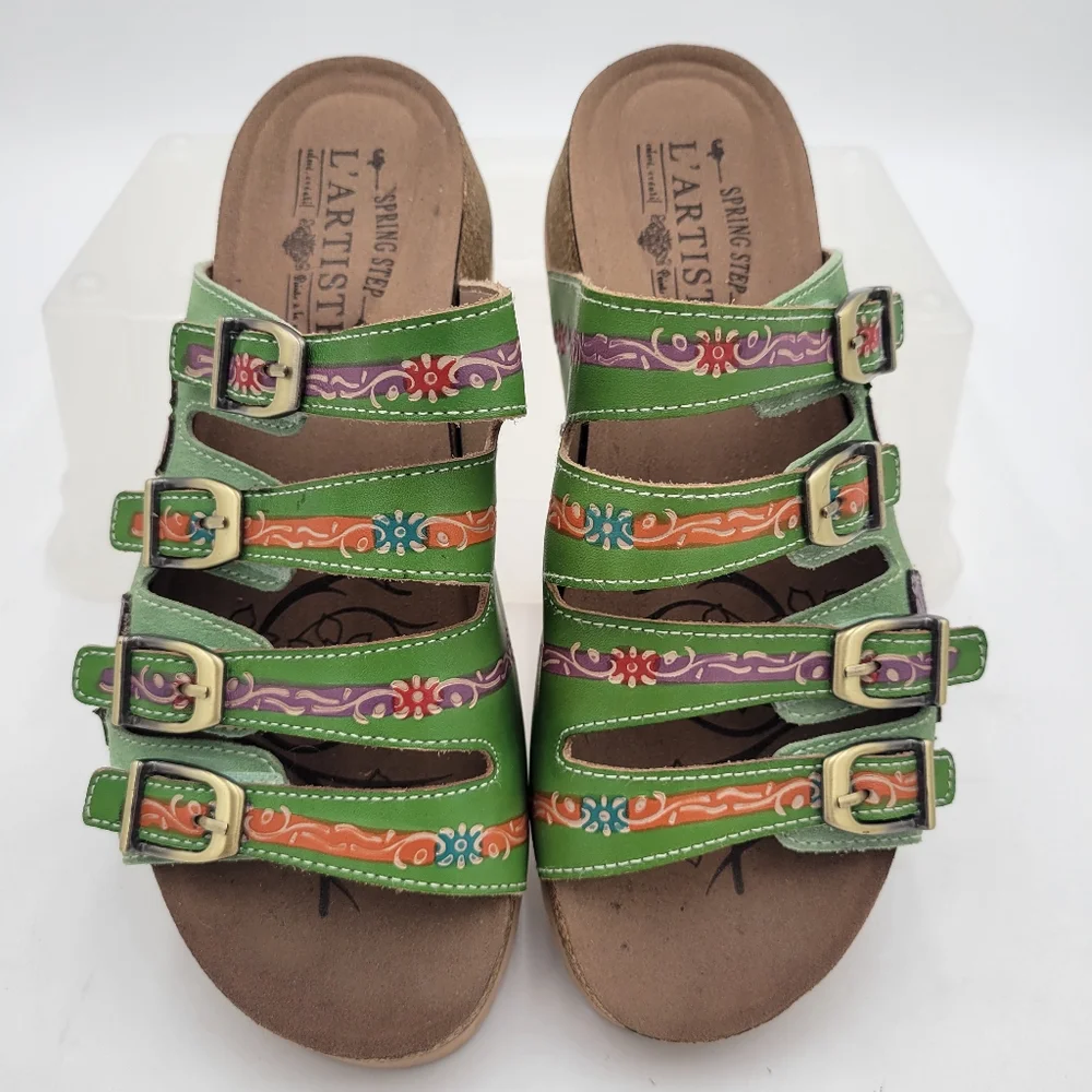 L'artise Spring Step Too Cool Green Sandals Size 39/8.5 Hook and Loop Leather - Picture 1 of 9